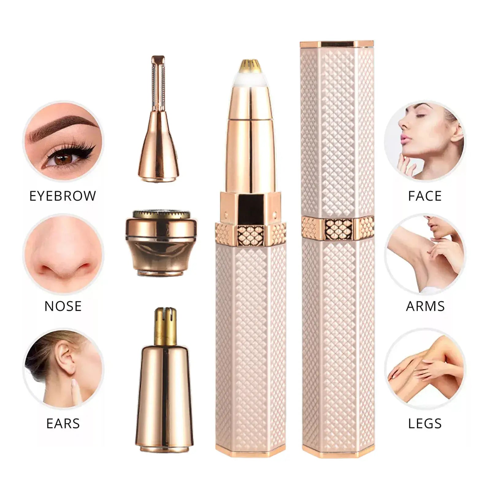 Beauty device with attachments for various parts of the body on a white background