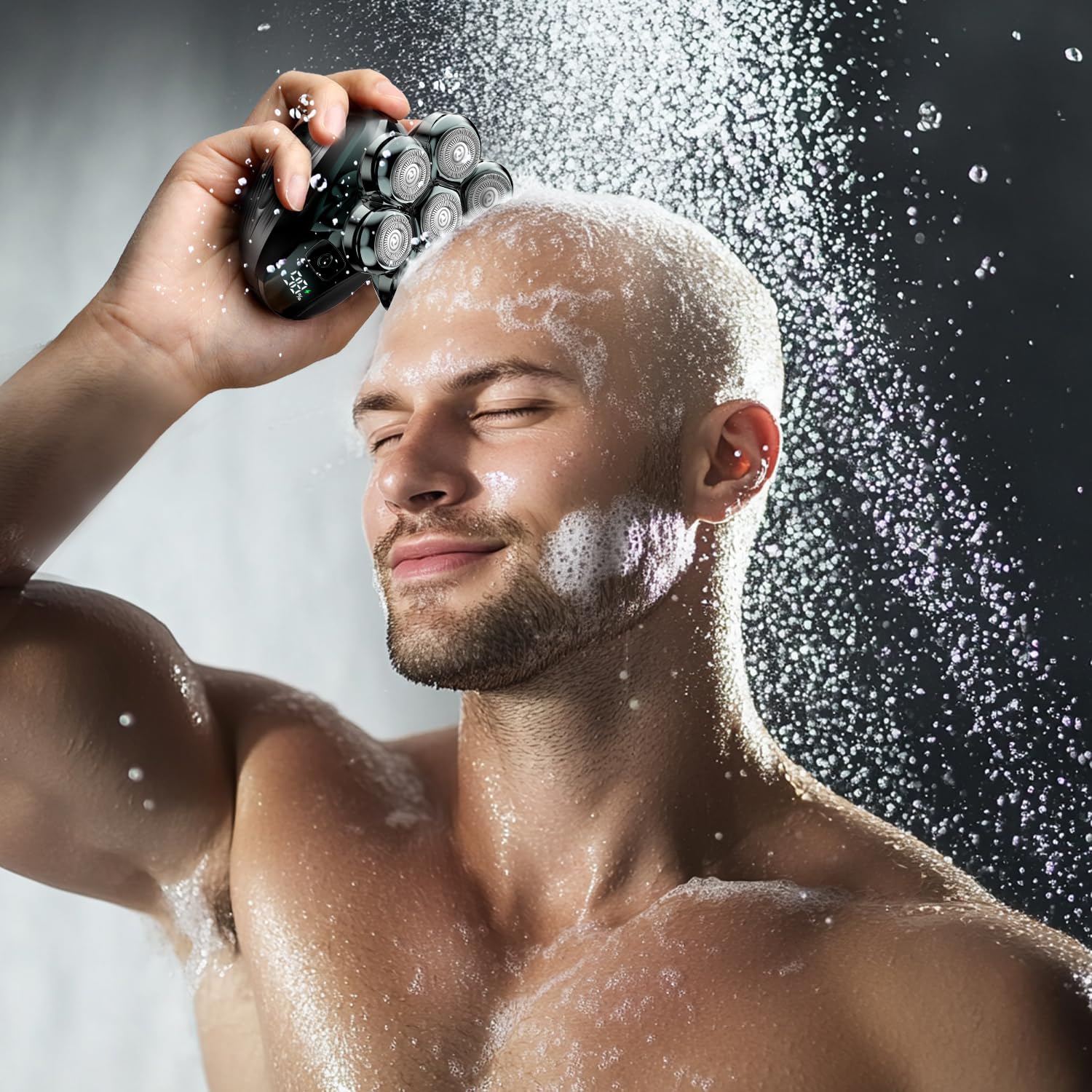 Man using a electric shaver under running water